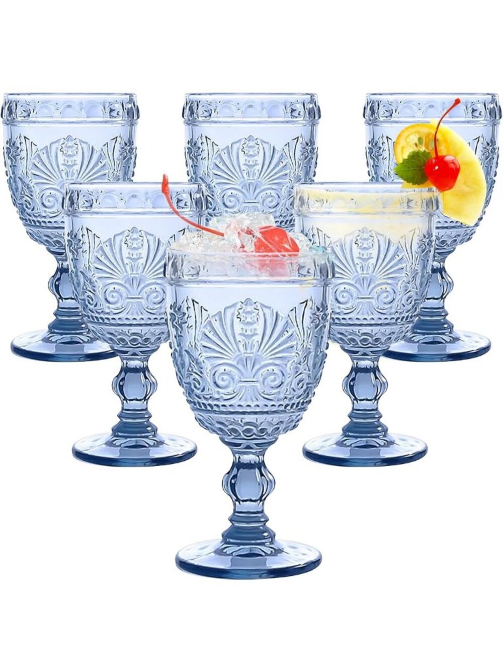 Set of 6 Retro Embossed Goblet Glasses - 10 oz Colorful Drinking Glasses for